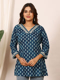 Teal Blue & White Double Shade Discharge Pure Cotton Top