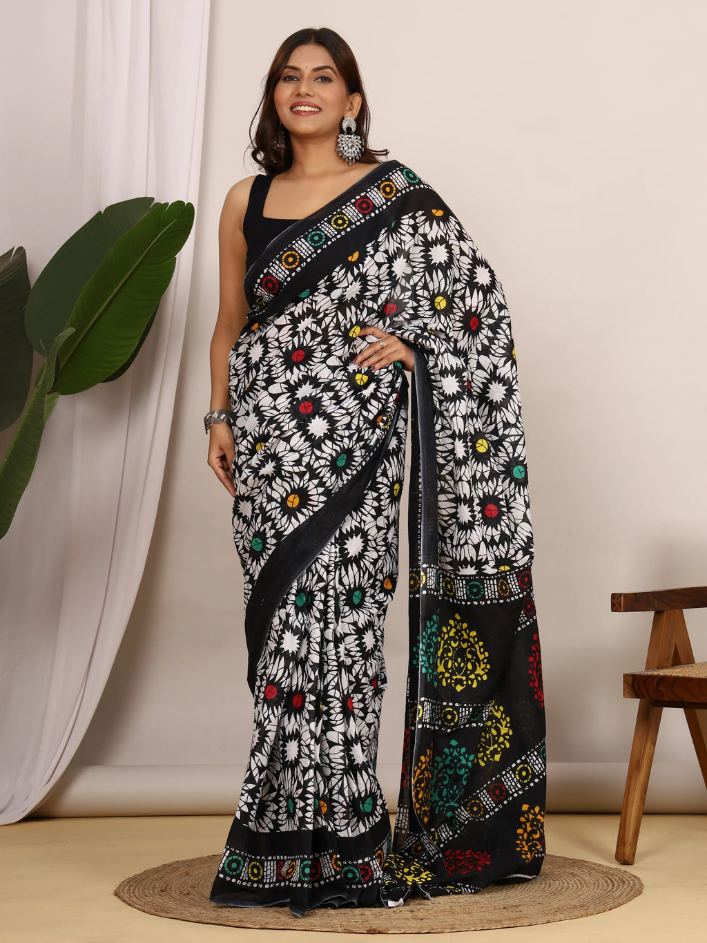 Pure Cotton Black and White Saree with Vibrant Multi-Color Floral Block Print