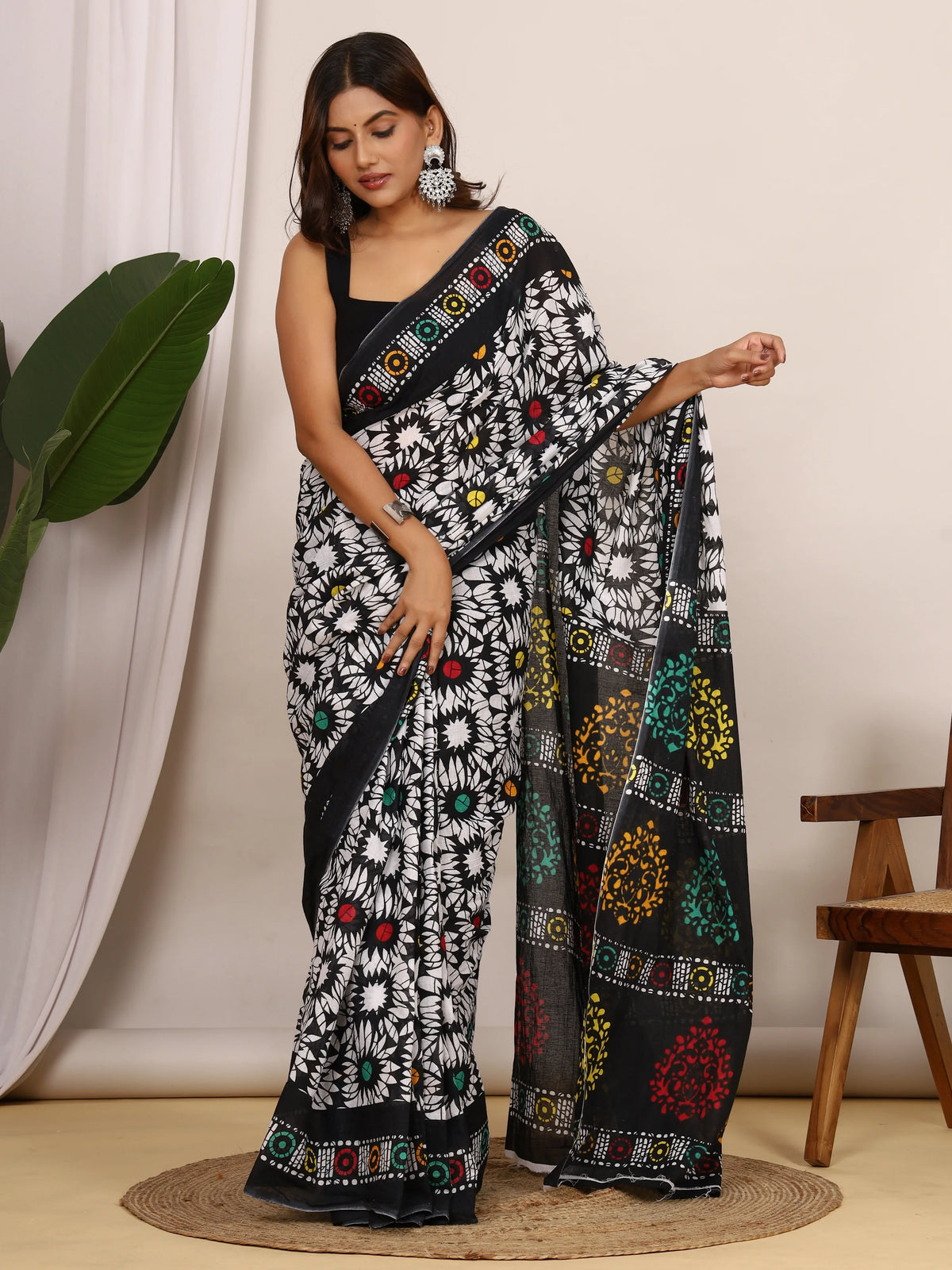 Pure Cotton Black and White Saree with Vibrant Multi-Color Floral Block Print