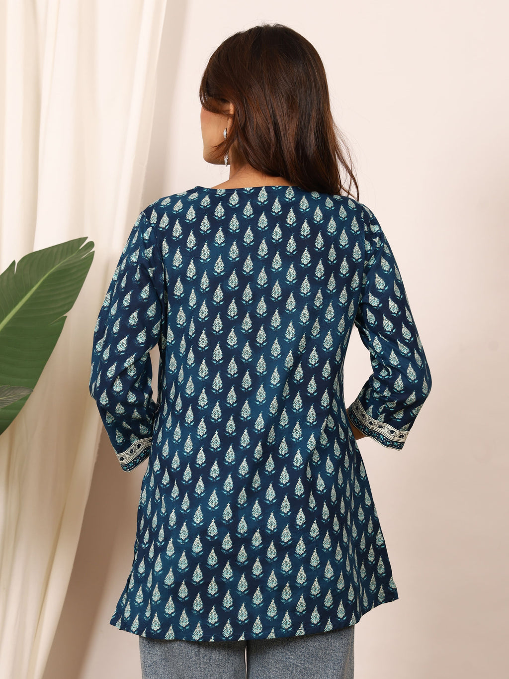Teal Blue & White Double Shade Discharge Pure Cotton Top