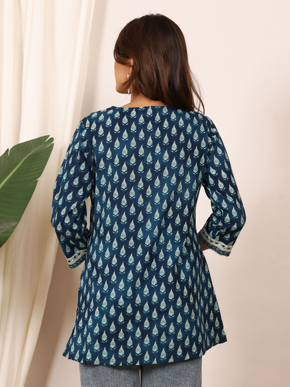 Teal Blue & White Double Shade Discharge Pure Cotton Top