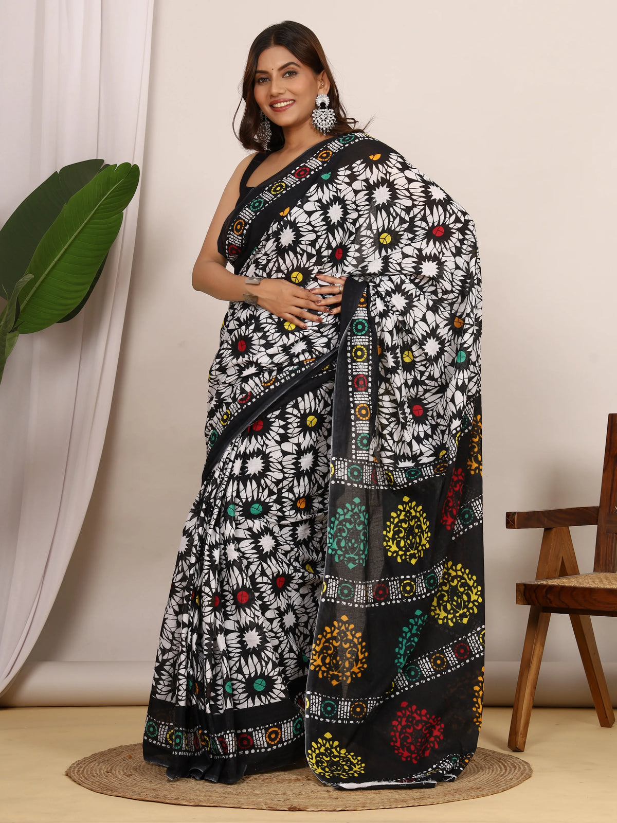 Pure Cotton Black and White Saree with Vibrant Multi-Color Floral Block Print