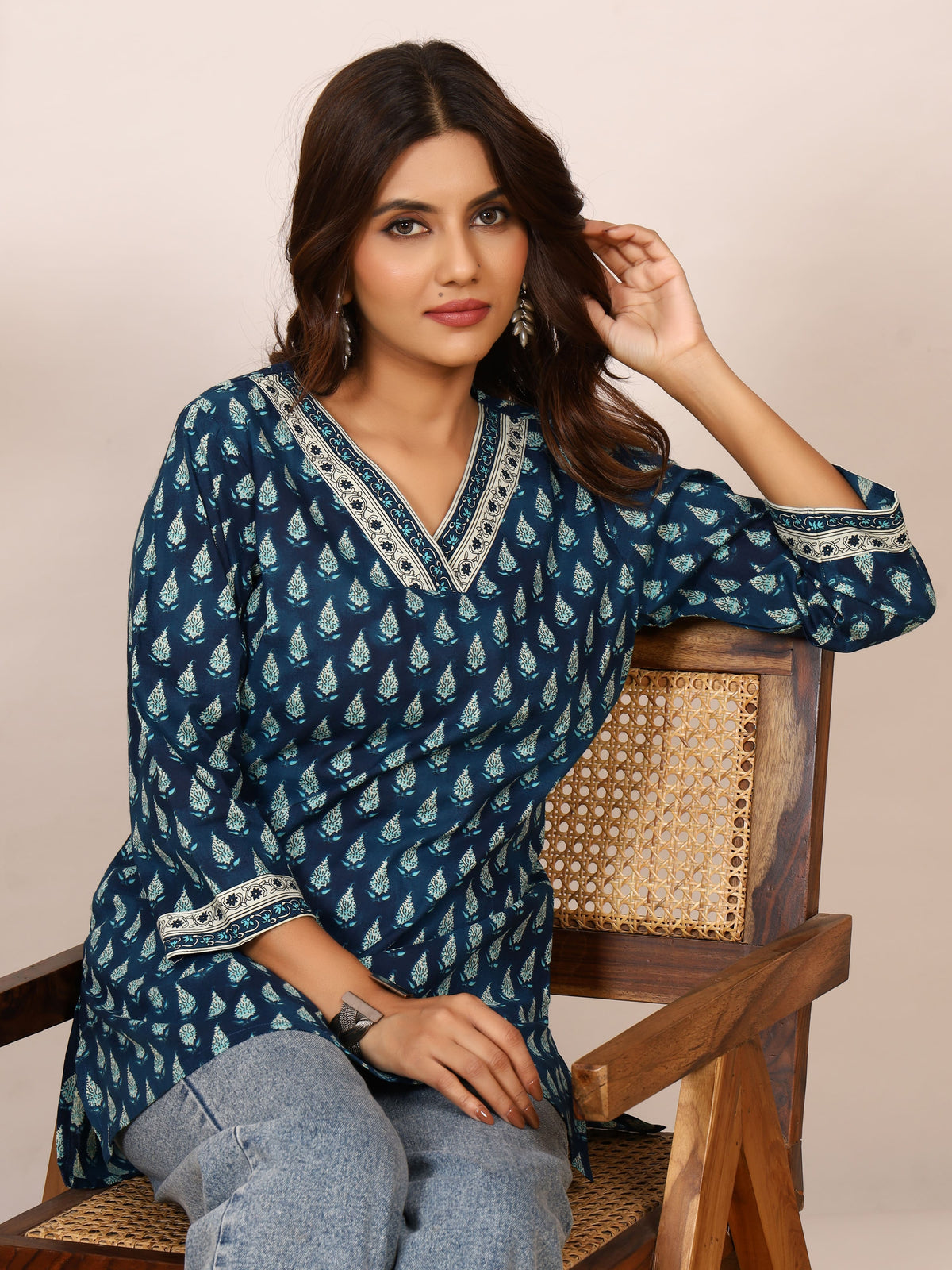 Teal Blue & White Double Shade Discharge Pure Cotton Top