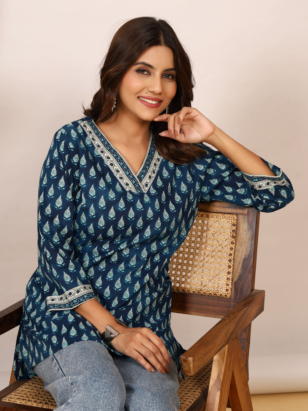 Teal Blue & White Double Shade Discharge Pure Cotton Top