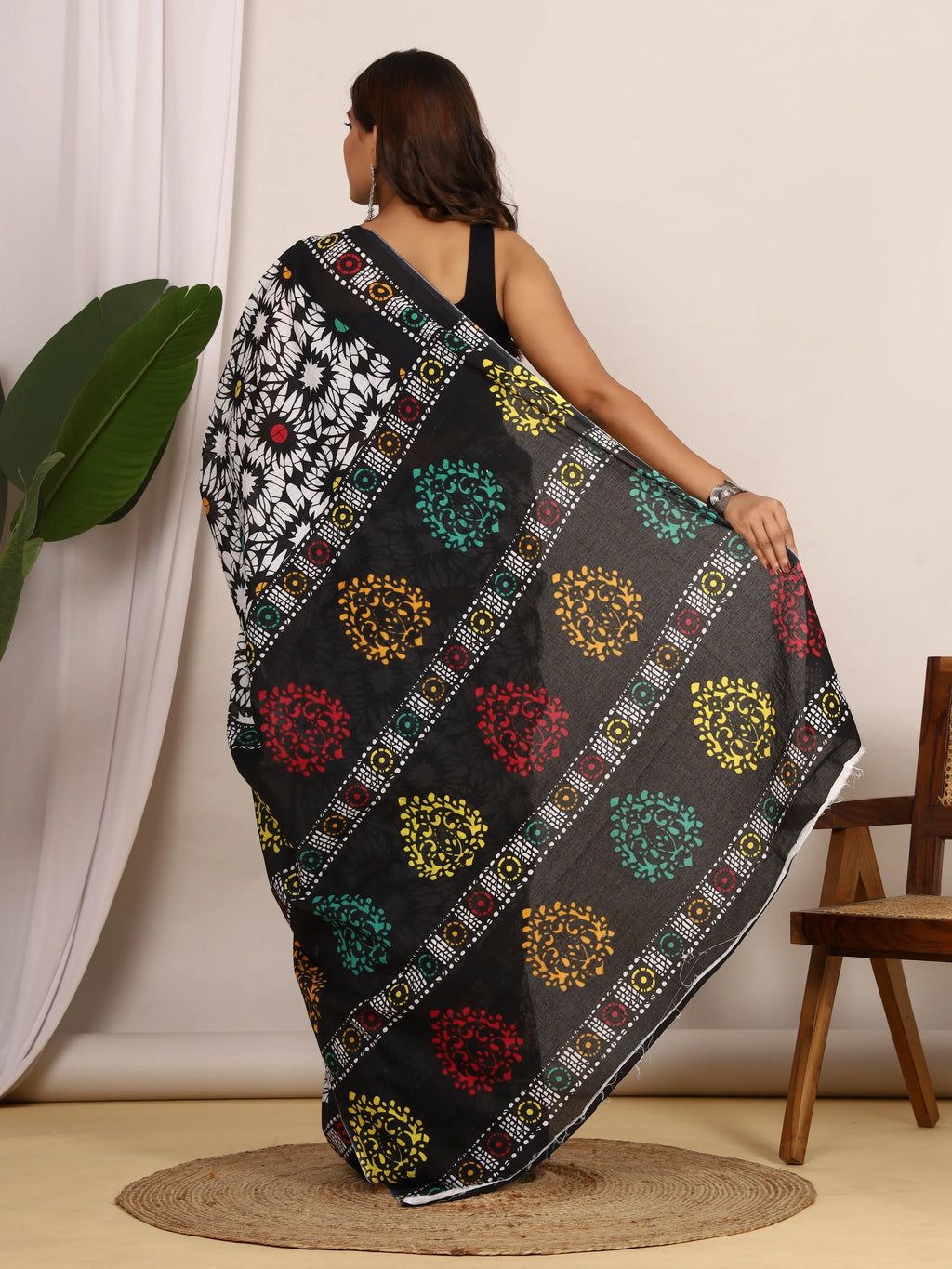 Pure Cotton Black and White Saree with Vibrant Multi-Color Floral Block Print