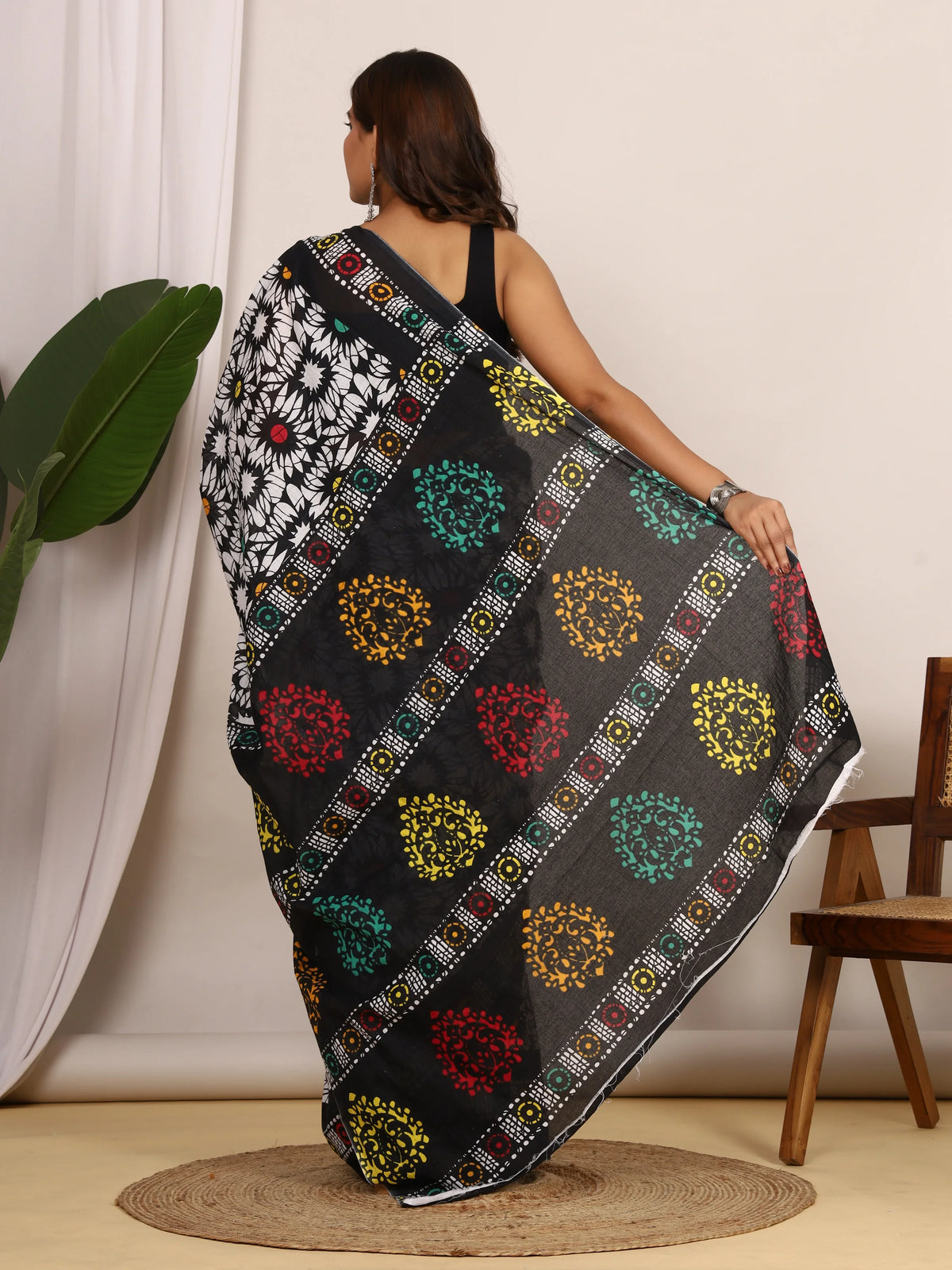 Pure Cotton Black and White Saree with Vibrant Multi-Color Floral Block Print