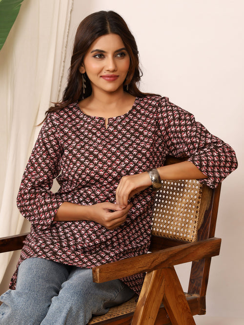 Black & Red Tiny Floral Block Print Pure Cotton Top