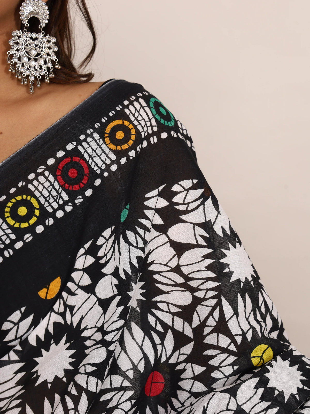 Pure Cotton Black and White Saree with Vibrant Multi-Color Floral Block Print