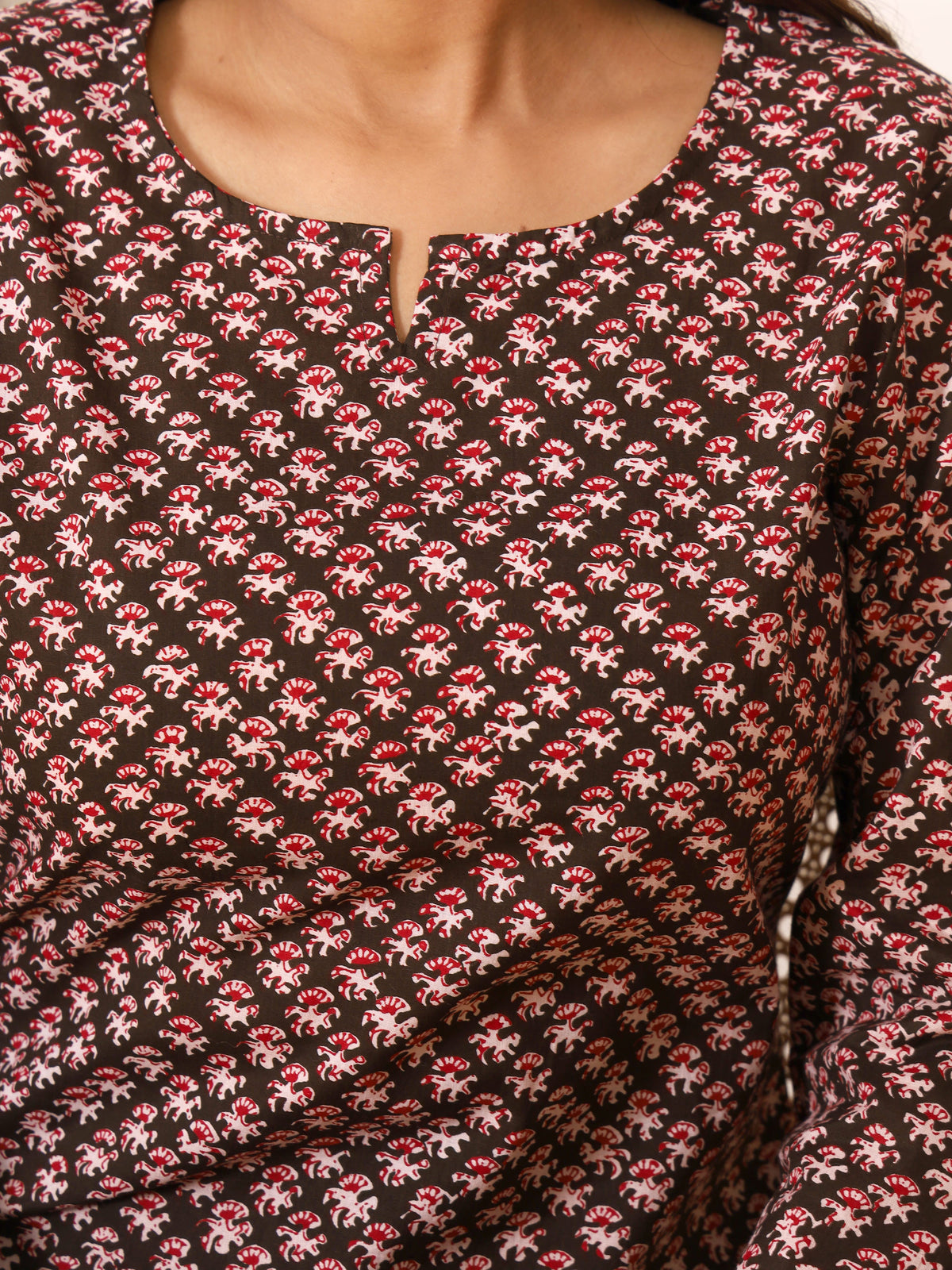 Black & Red Tiny Floral Block Print Pure Cotton Top