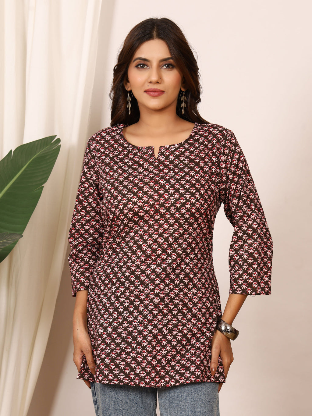 Black & Red Tiny Floral Block Print Pure Cotton Top
