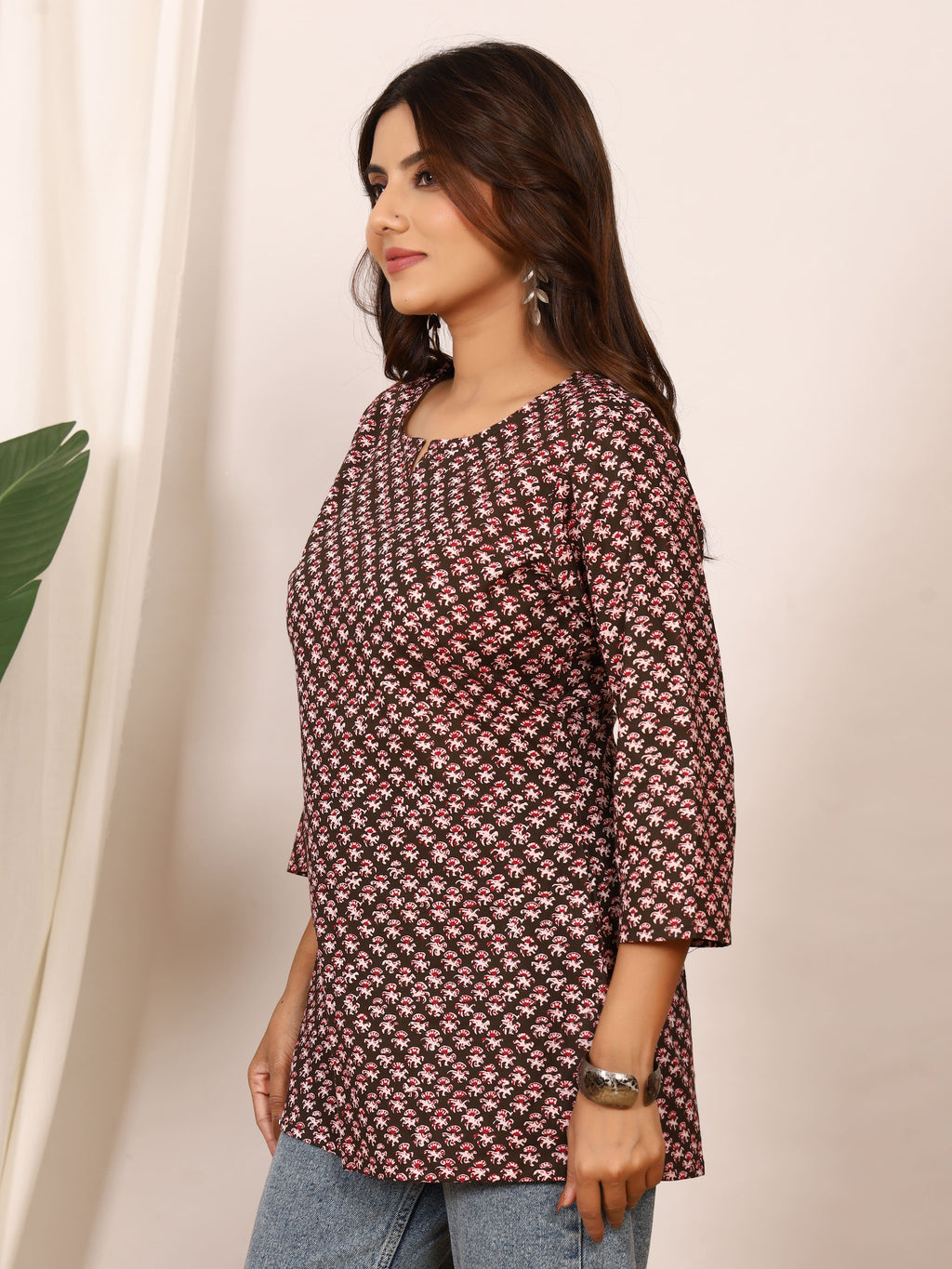 Black & Red Tiny Floral Block Print Pure Cotton Top