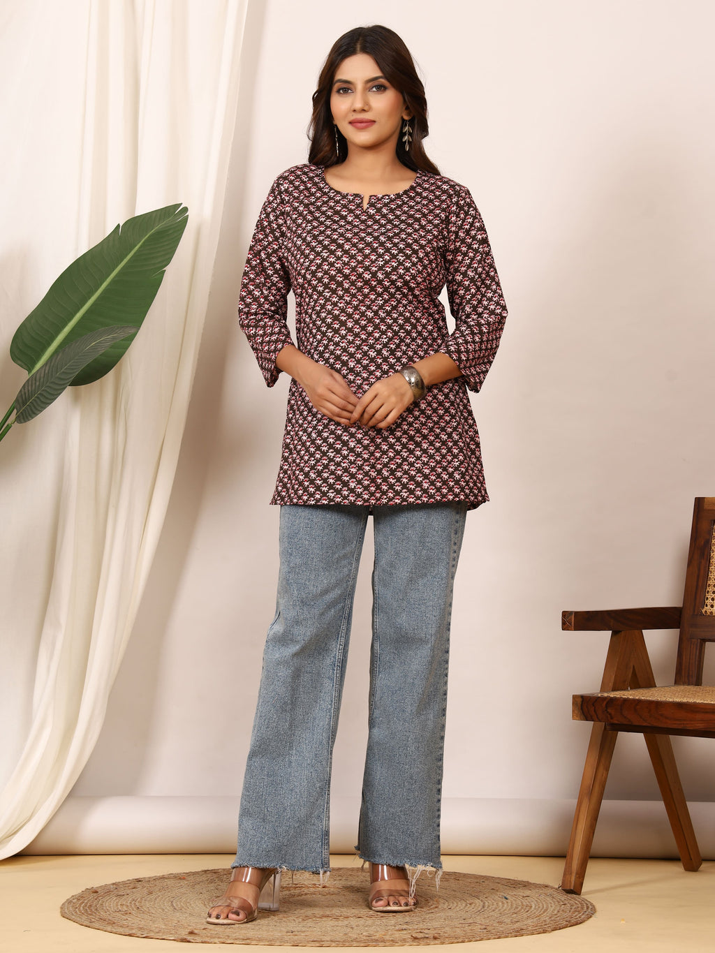 Black & Red Tiny Floral Block Print Pure Cotton Top