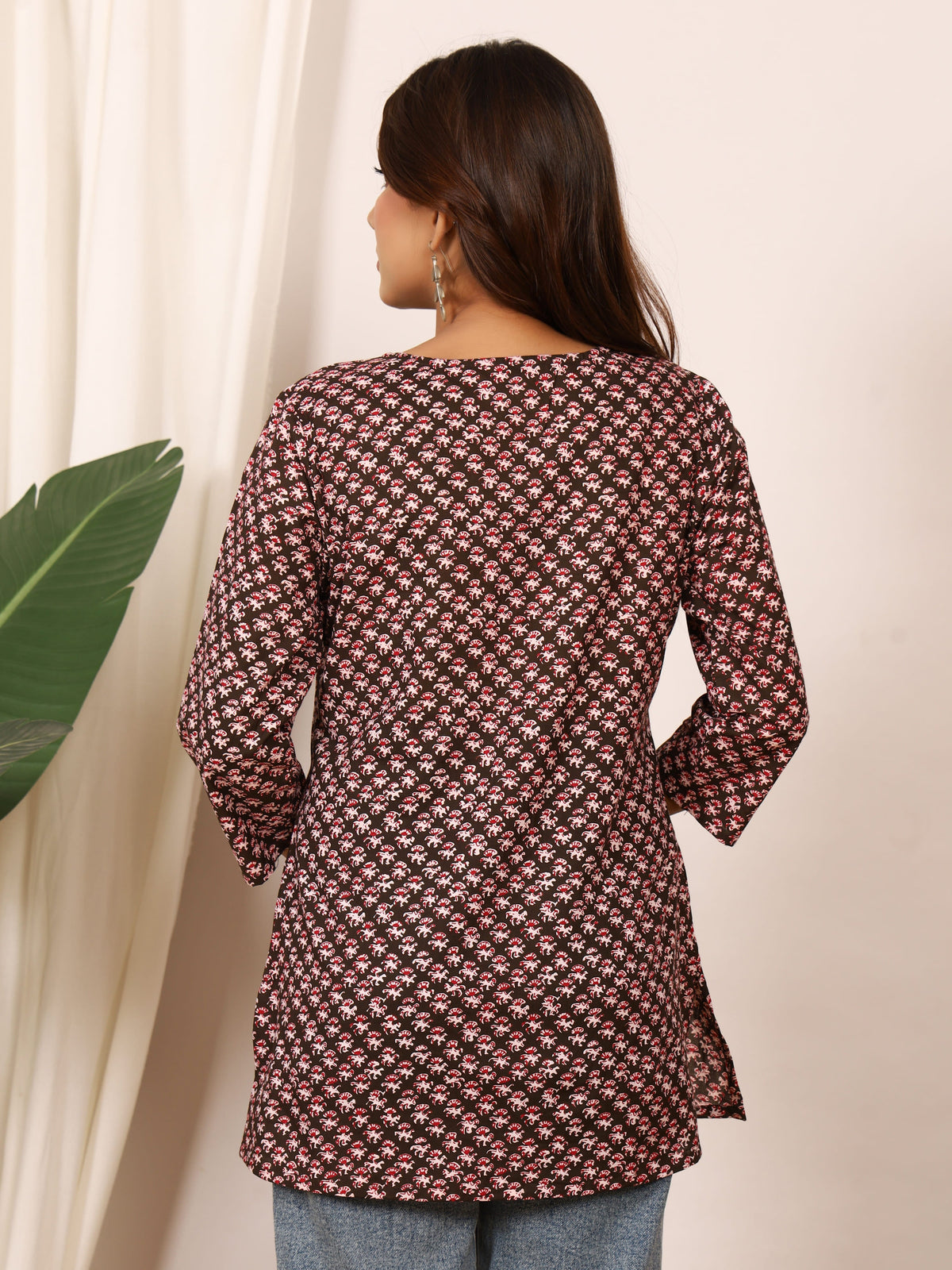 Black & Red Tiny Floral Block Print Pure Cotton Top