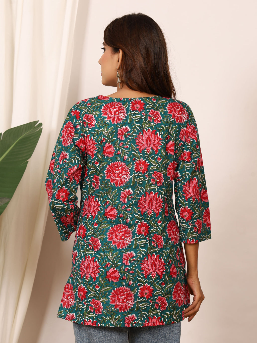 Teal Green & Red Floral Block Print Pure Cotton Top