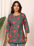 Teal Green & Red Floral Block Print Pure Cotton Top