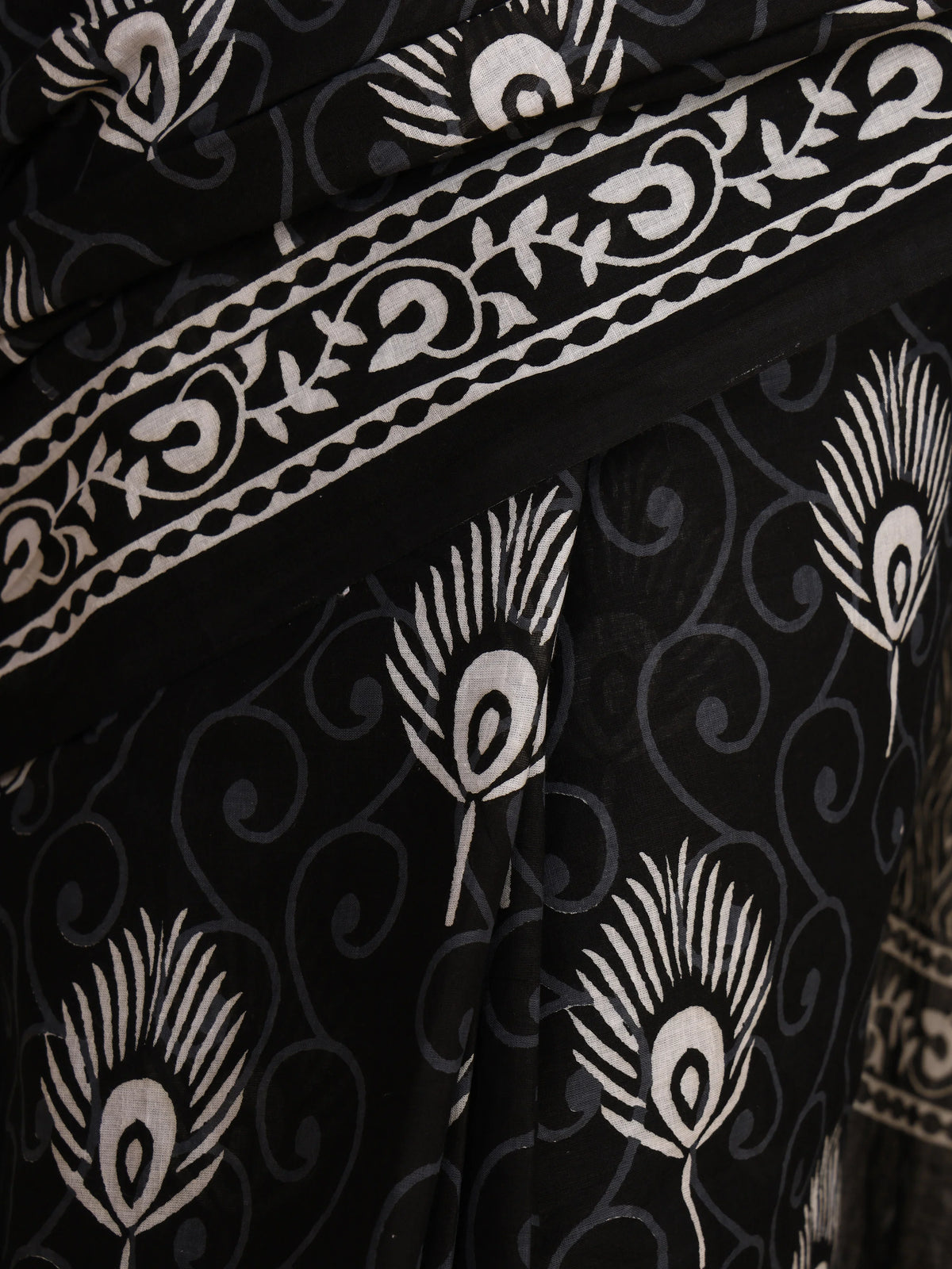 Pure Cotton Black and White Saree with Traditional Peacock Sanganeri Print