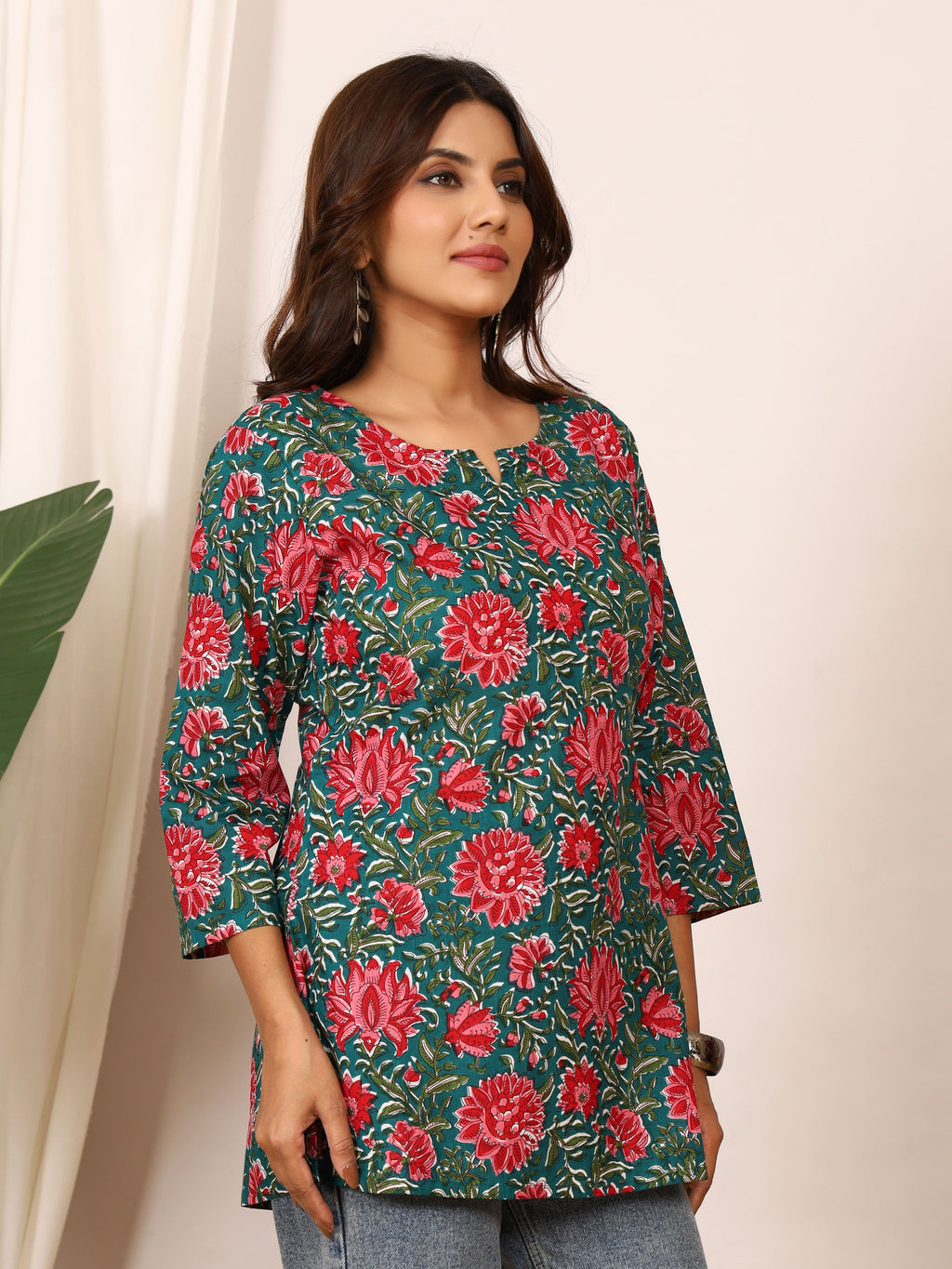 Teal Green & Red Floral Block Print Pure Cotton Top