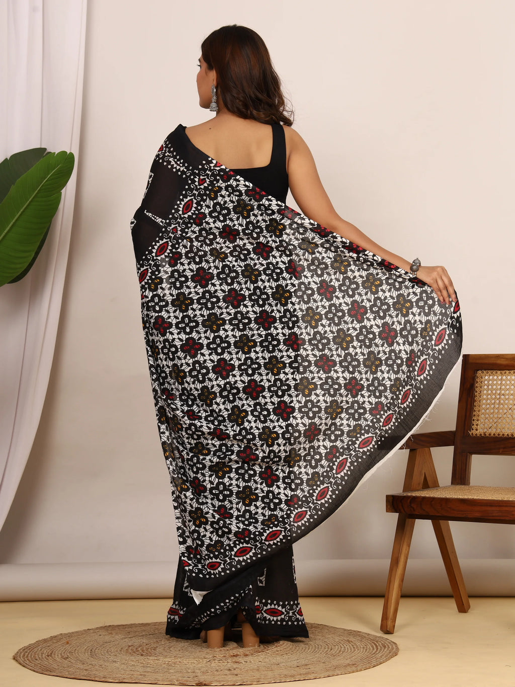 Pure Cotton Black Saree with Multi-Color Geometric Floral Block Print