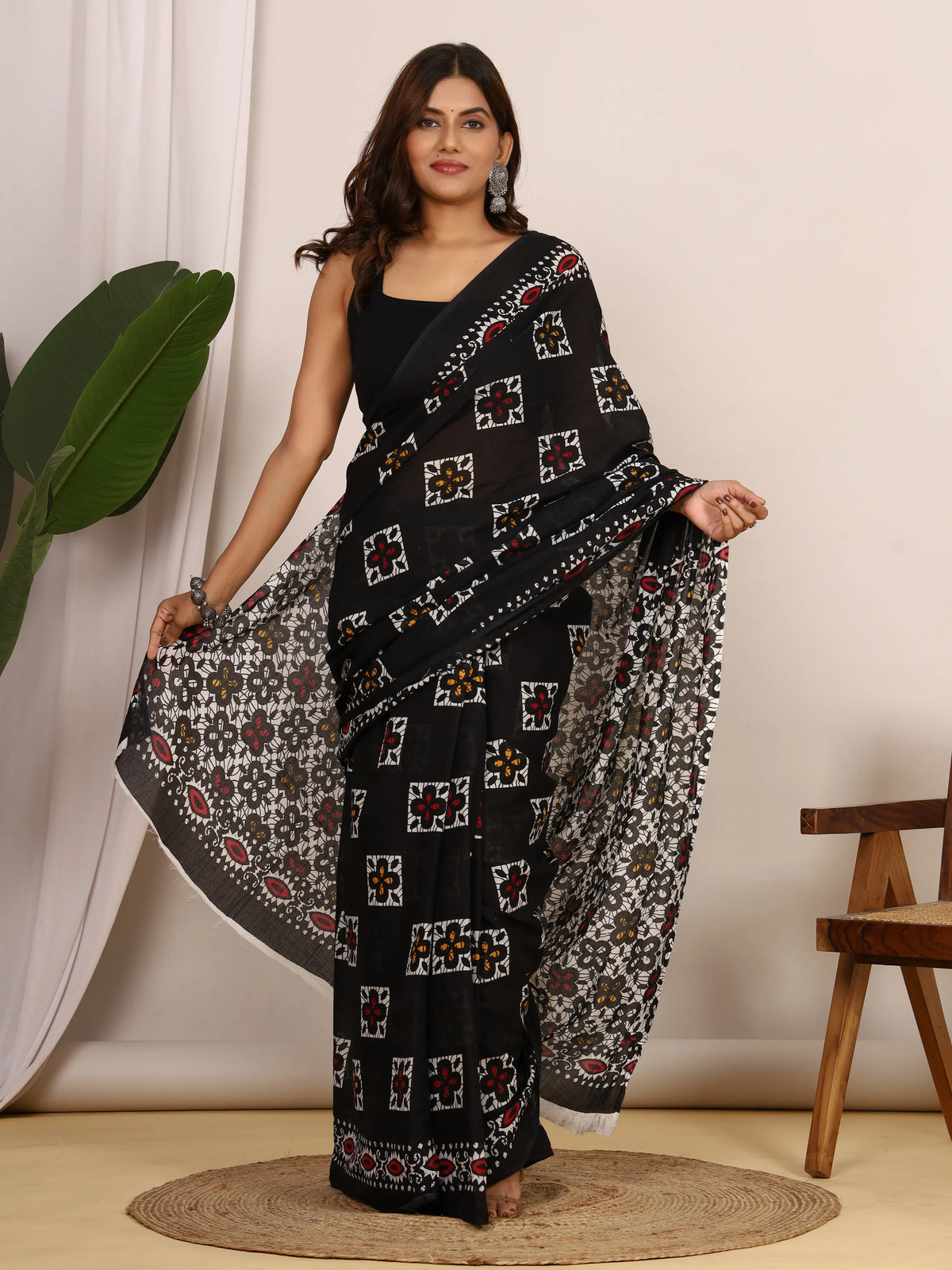Pure Cotton Black Saree with Multi-Color Geometric Floral Block Print