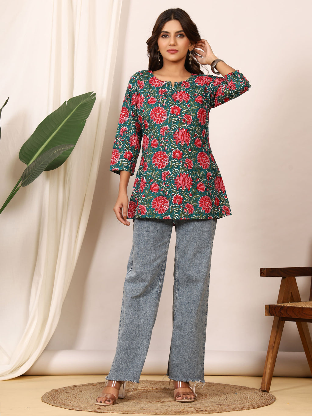 Teal Green & Red Floral Block Print Pure Cotton Top
