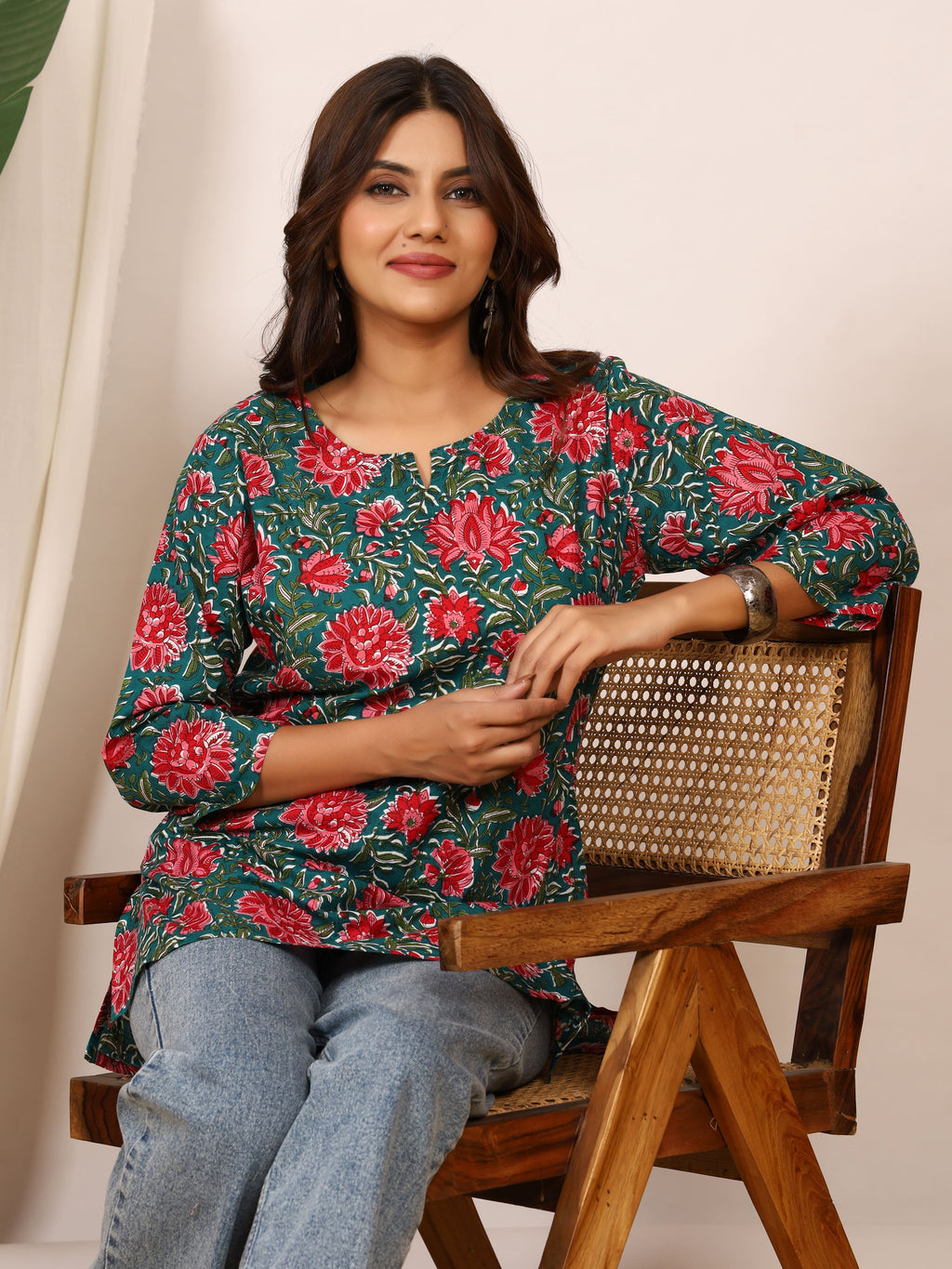 Teal Green & Red Floral Block Print Pure Cotton Top