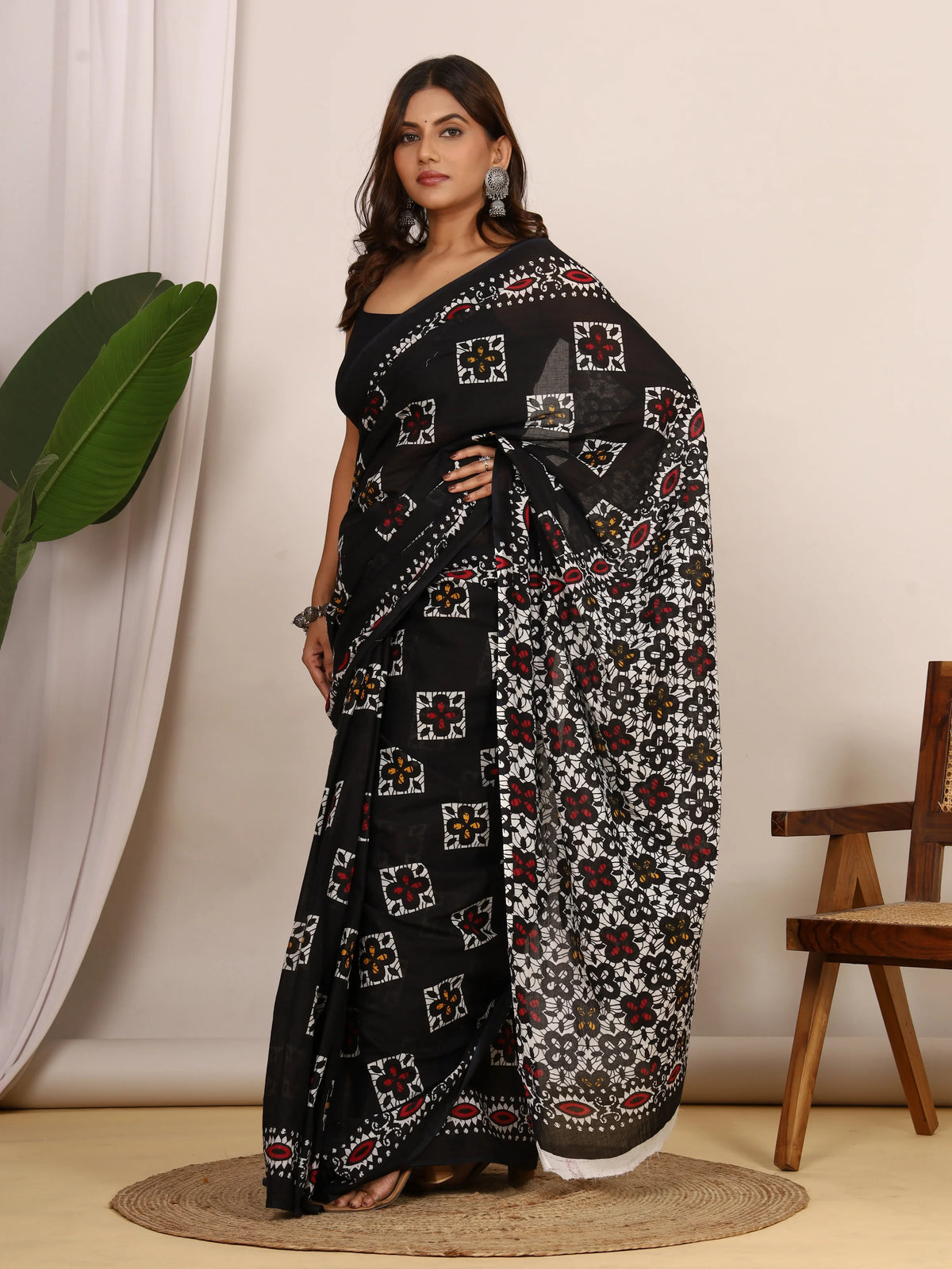 Pure Cotton Black Saree with Multi-Color Geometric Floral Block Print