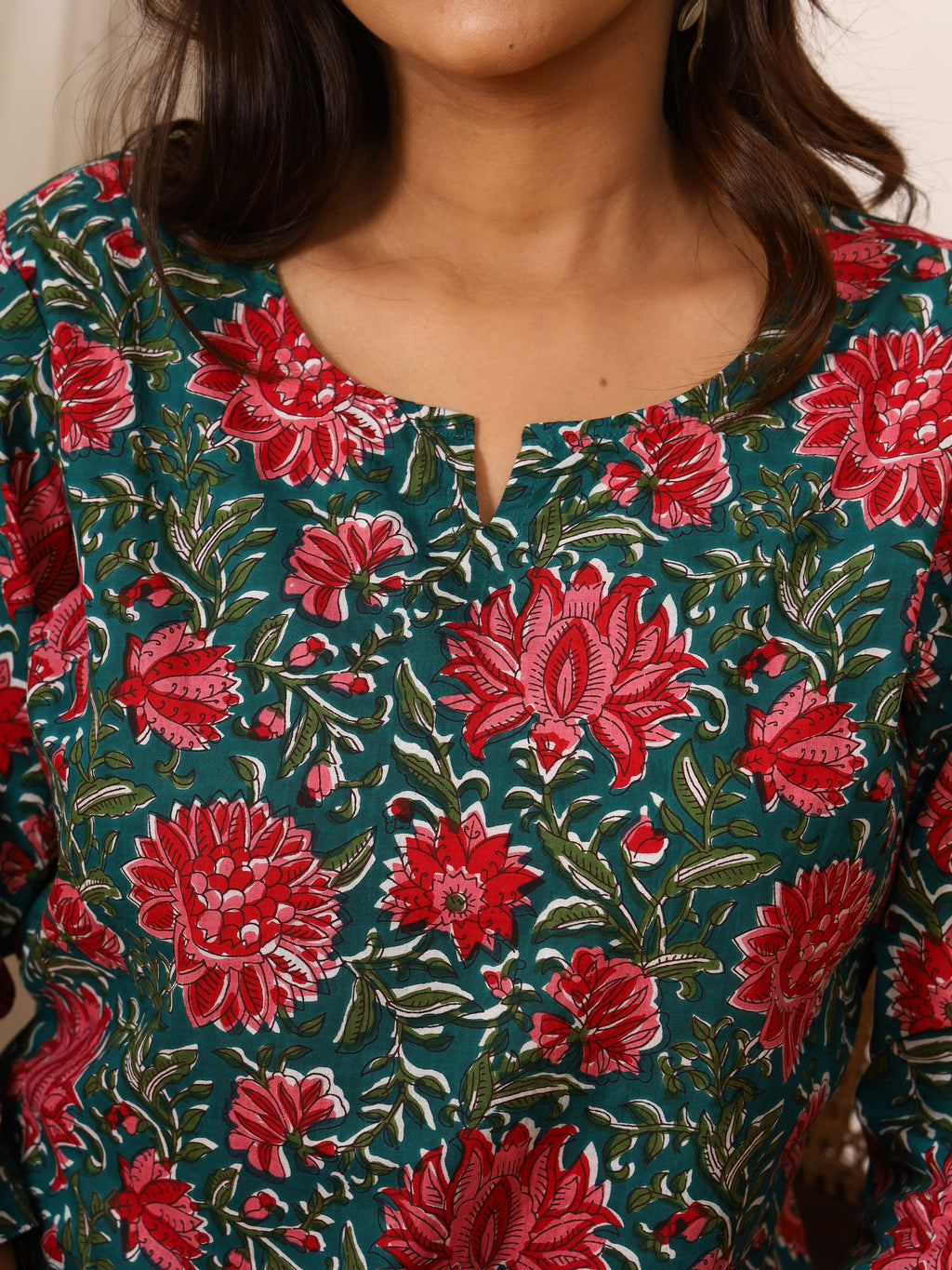 Teal Green & Red Floral Block Print Pure Cotton Top