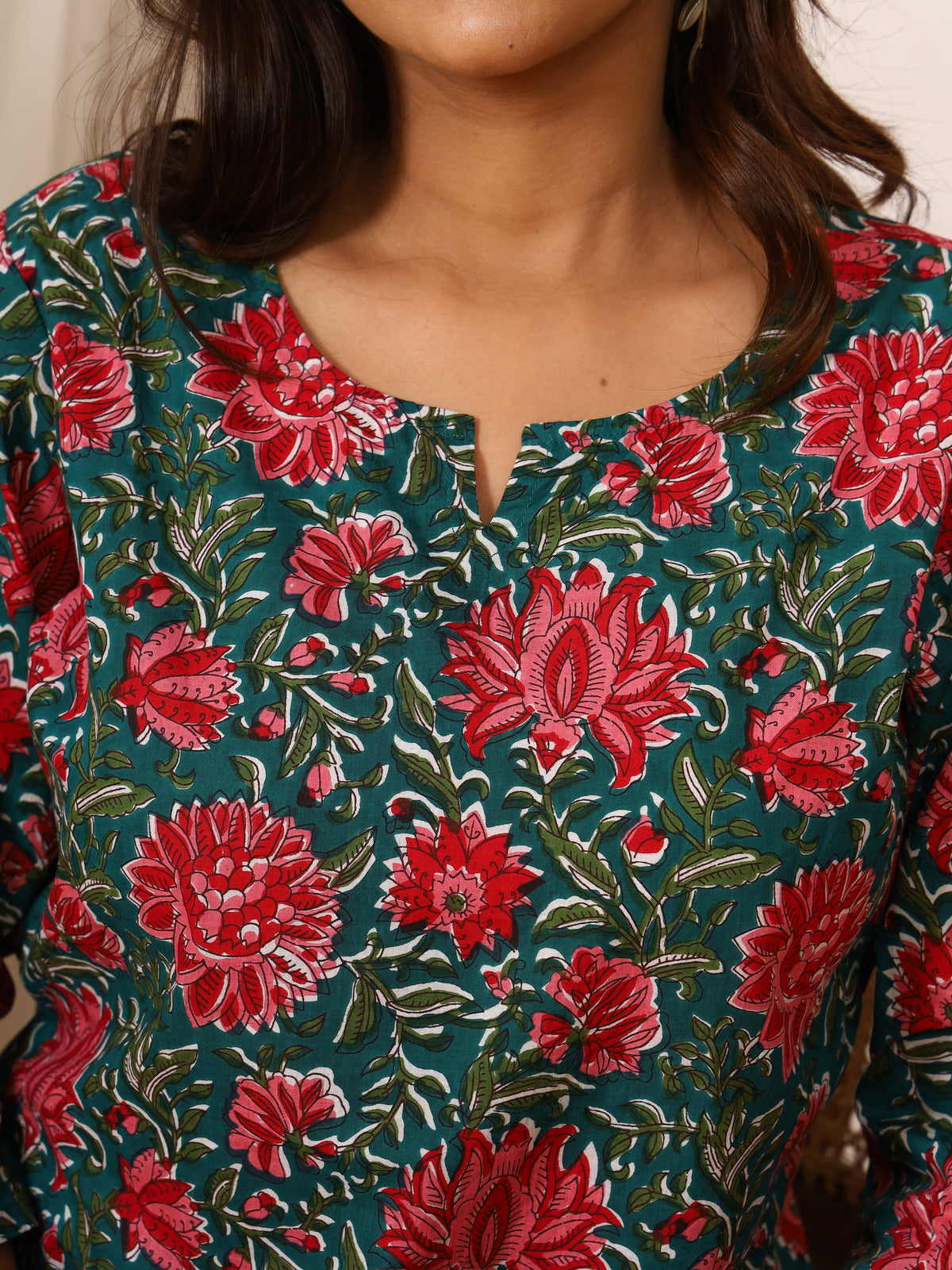 Teal Green & Red Floral Block Print Pure Cotton Top