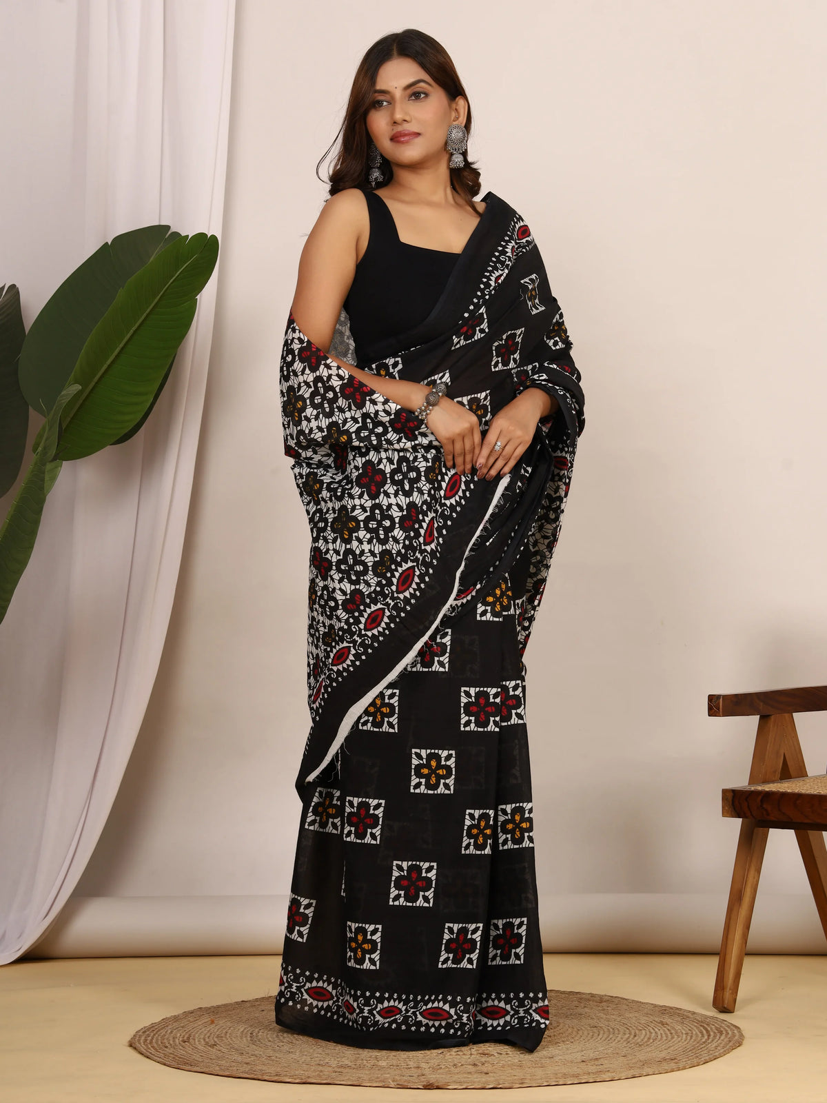 Pure Cotton Black Saree with Multi-Color Geometric Floral Block Print