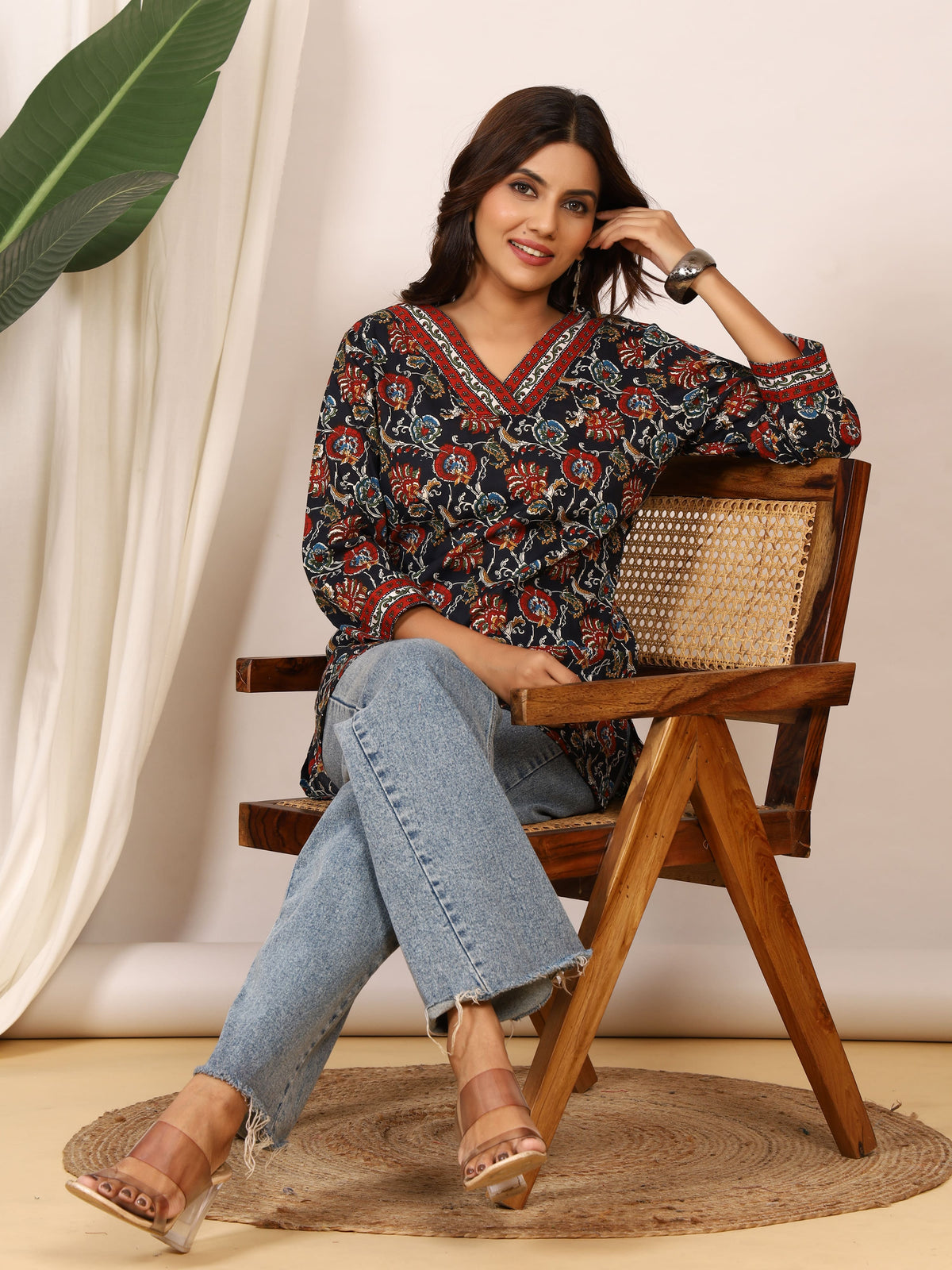 Black Multicolor Floral Block Print Pure Cotton Top