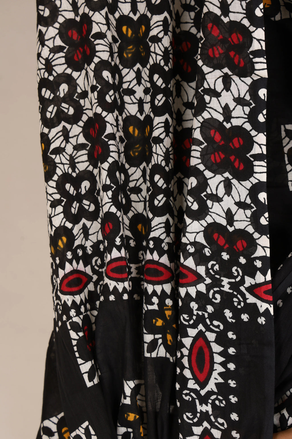 Pure Cotton Black Saree with Multi-Color Geometric Floral Block Print
