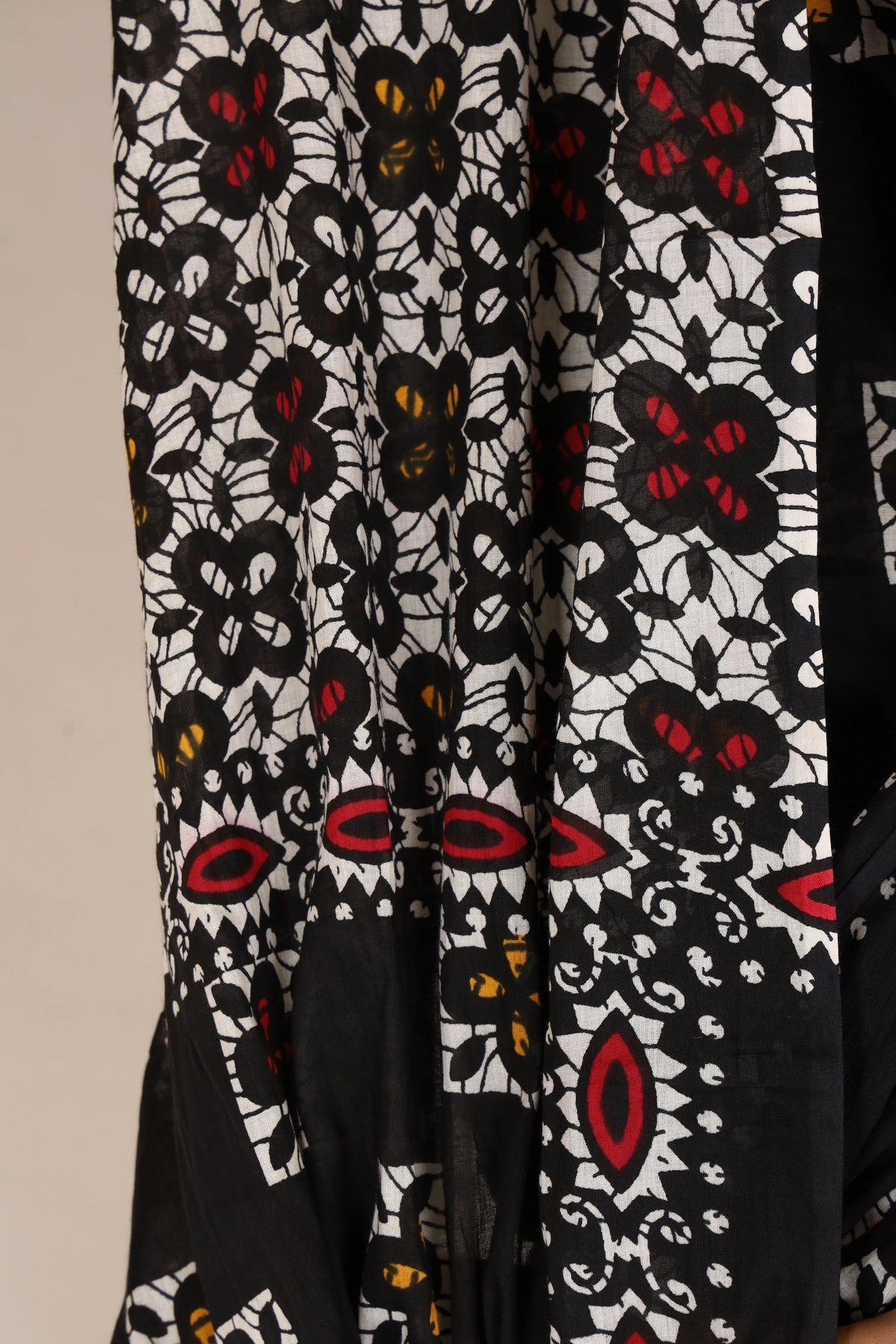Pure Cotton Black Saree with Multi-Color Geometric Floral Block Print
