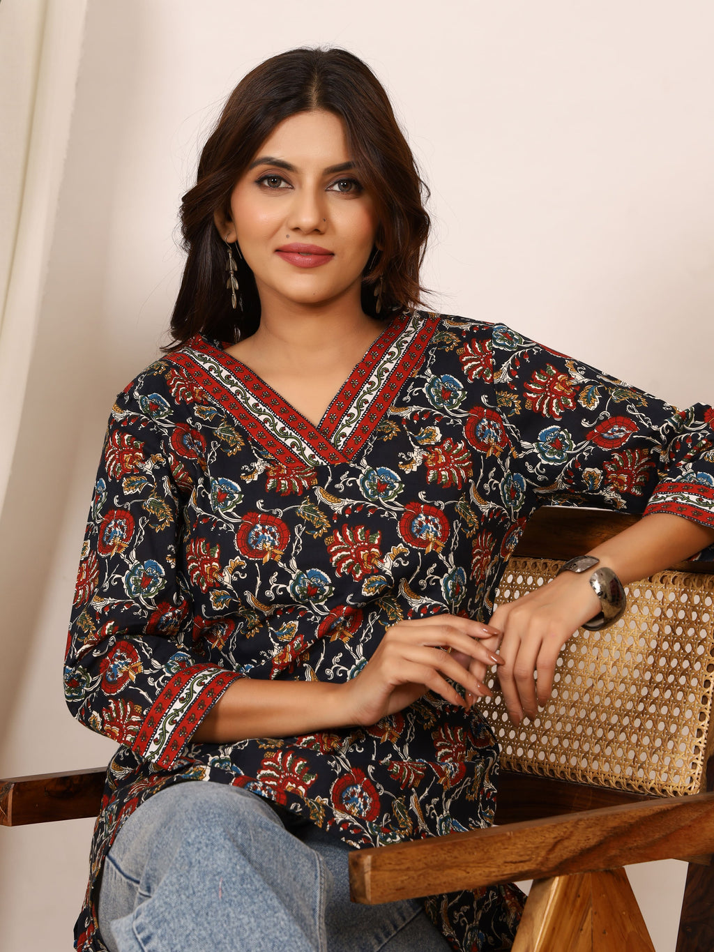 Black Multicolor Floral Block Print Pure Cotton Top