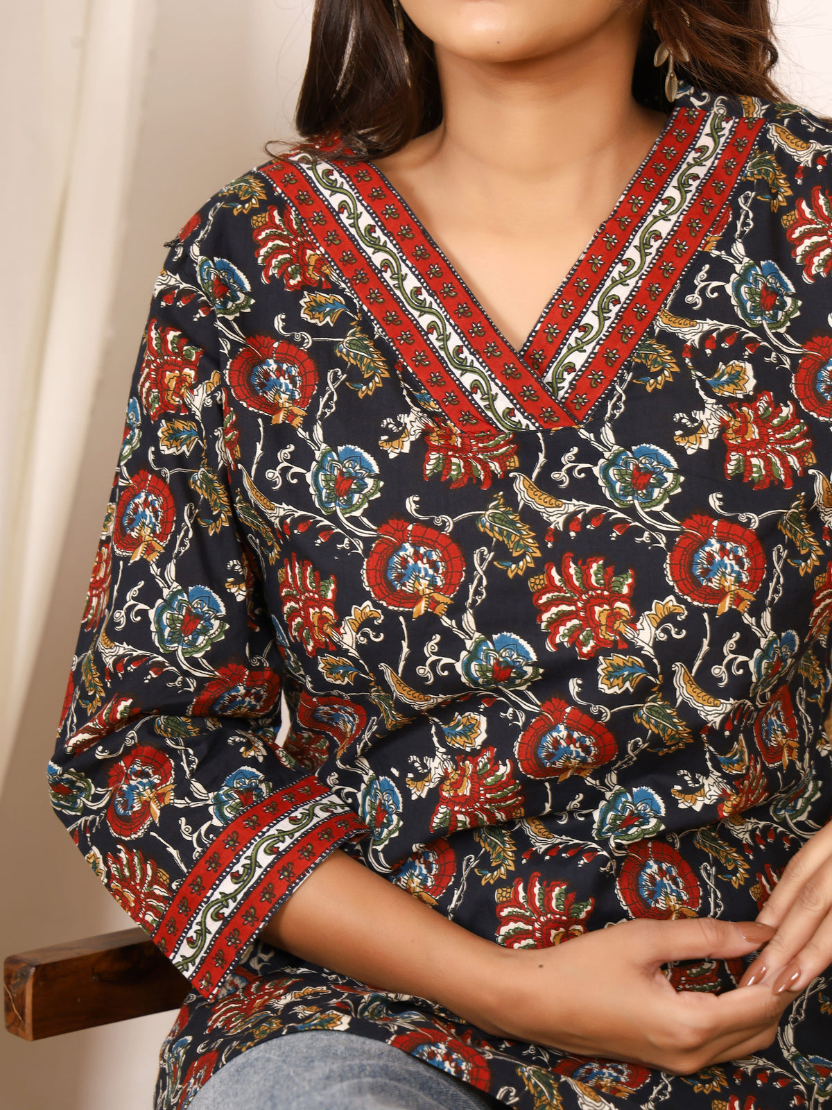 Black Multicolor Floral Block Print Pure Cotton Top