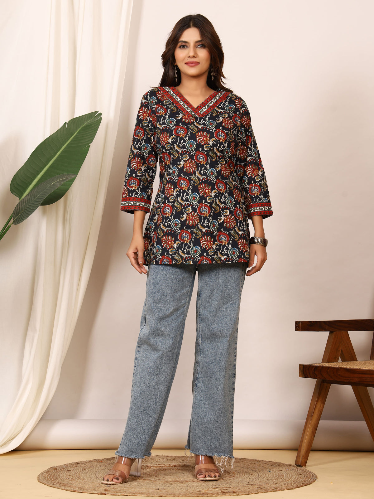 Black Multicolor Floral Block Print Pure Cotton Top