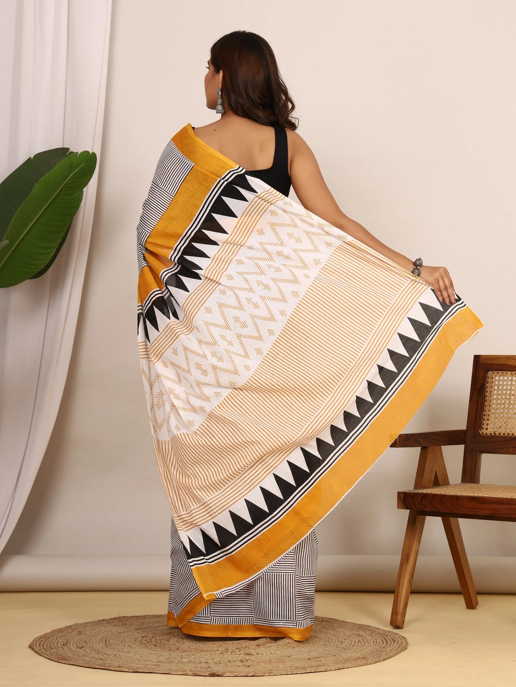 Pure Cotton White and Black Saree with Mustard Accents and Bold Geometric Print