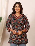 Black Multicolor Floral Block Print Pure Cotton Top
