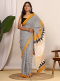 Pure Cotton White and Black Saree with Mustard Accents and Bold Geometric Print