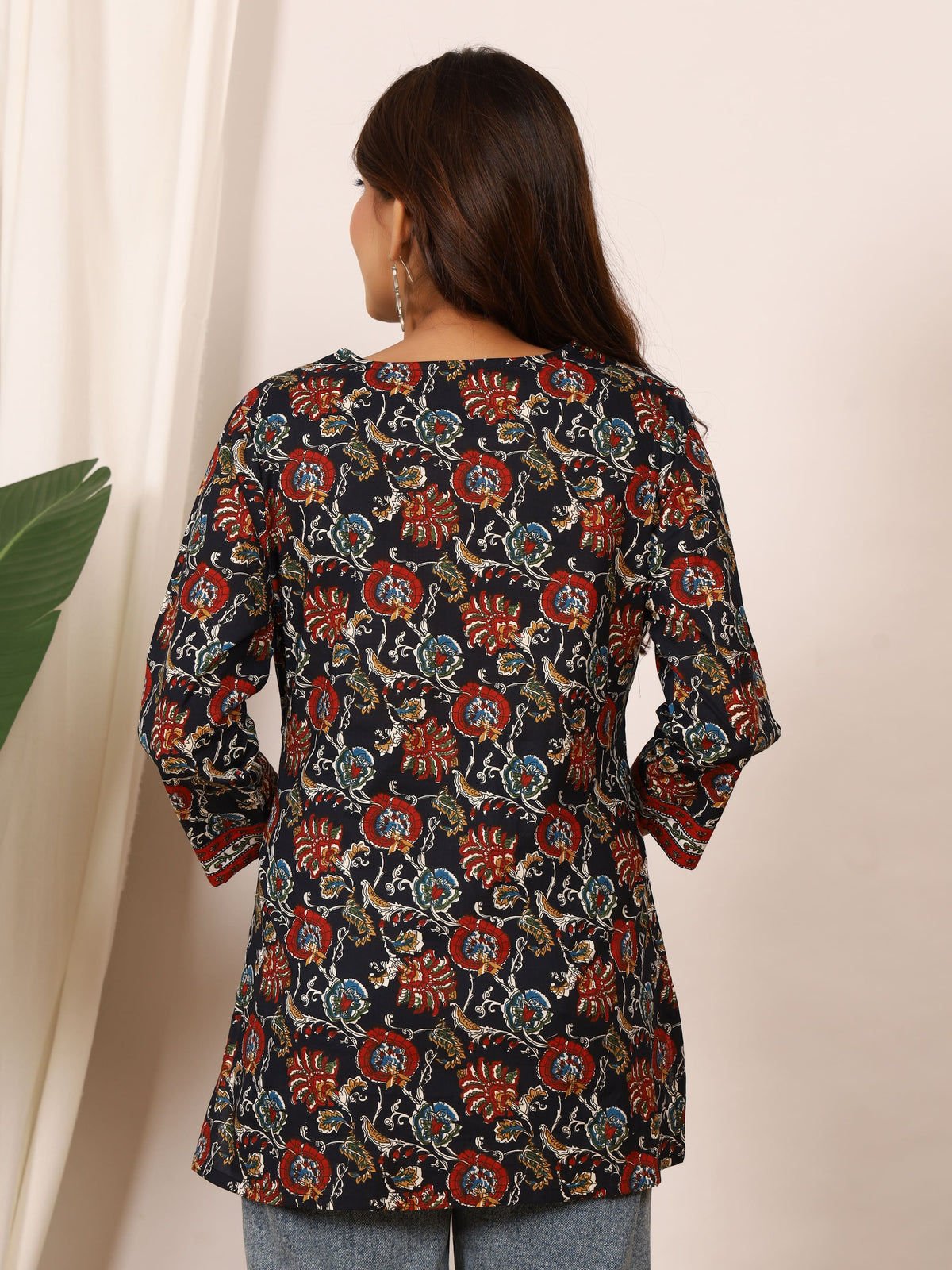 Black Multicolor Floral Block Print Pure Cotton Top
