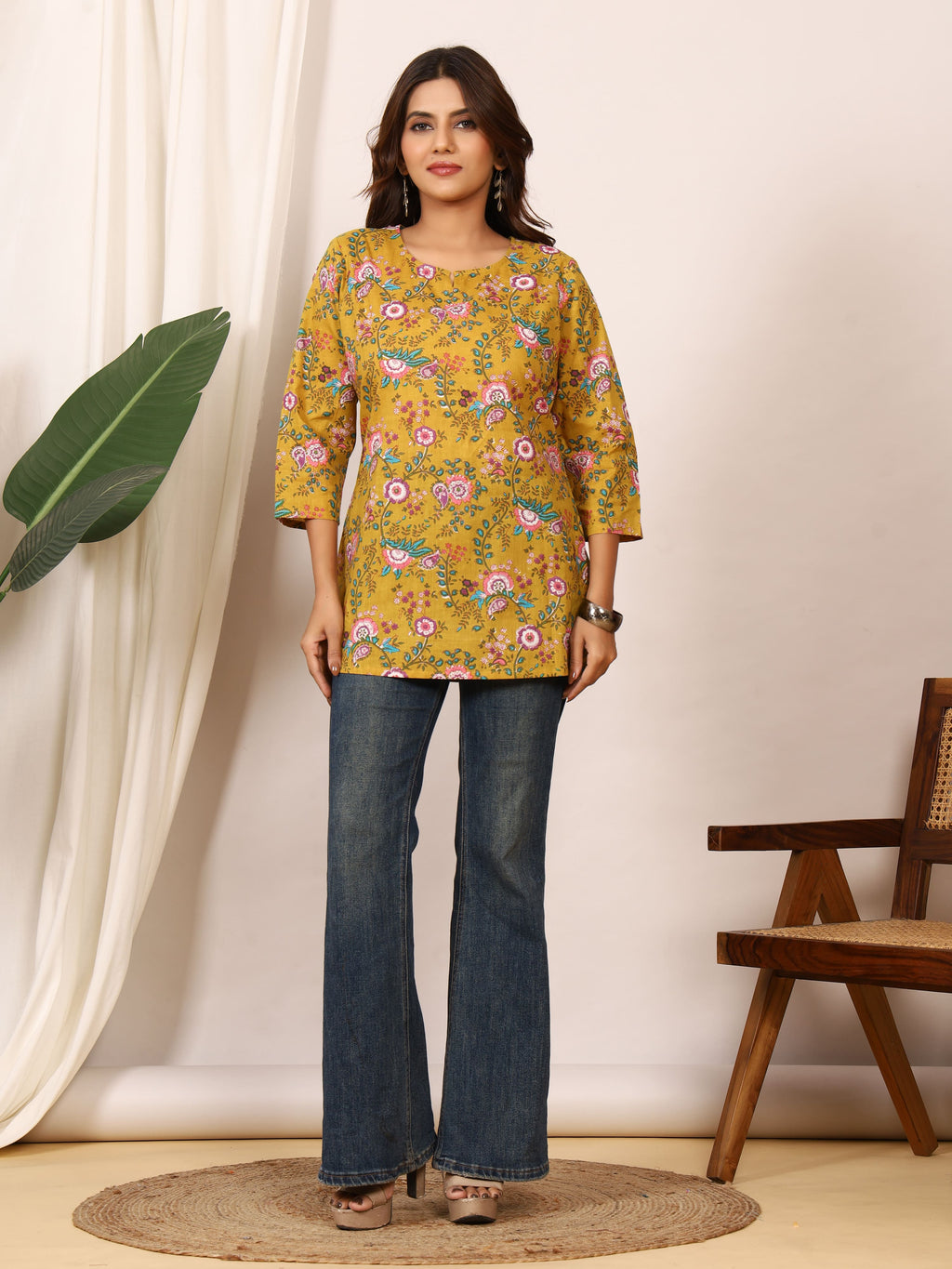 Mustard Yellow Floral Paisley Block Print Pure Cotton Top