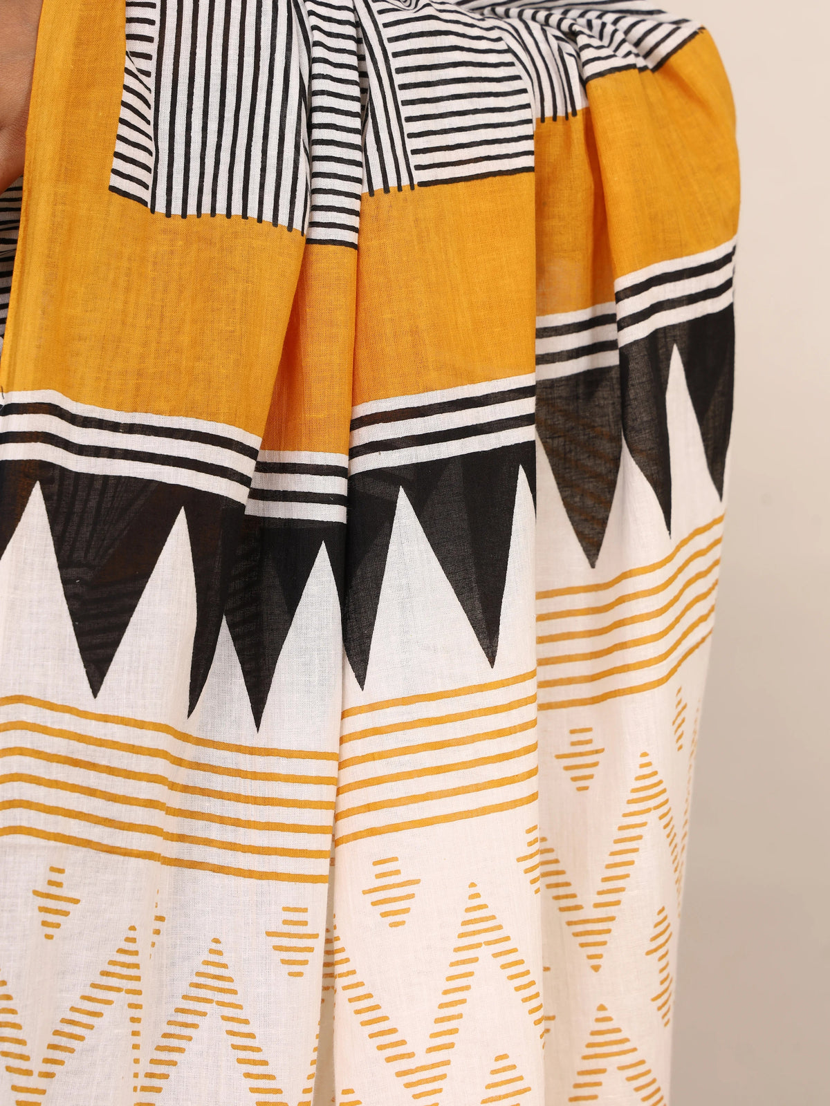 Pure Cotton White and Black Saree with Mustard Accents and Bold Geometric Print