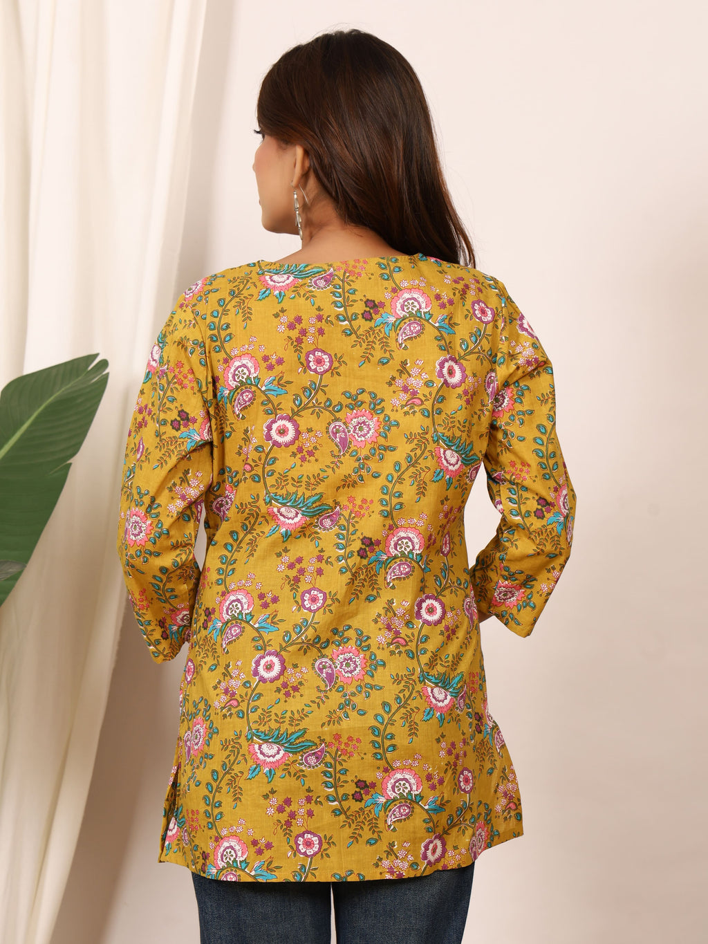 Mustard Yellow Floral Paisley Block Print Pure Cotton Top