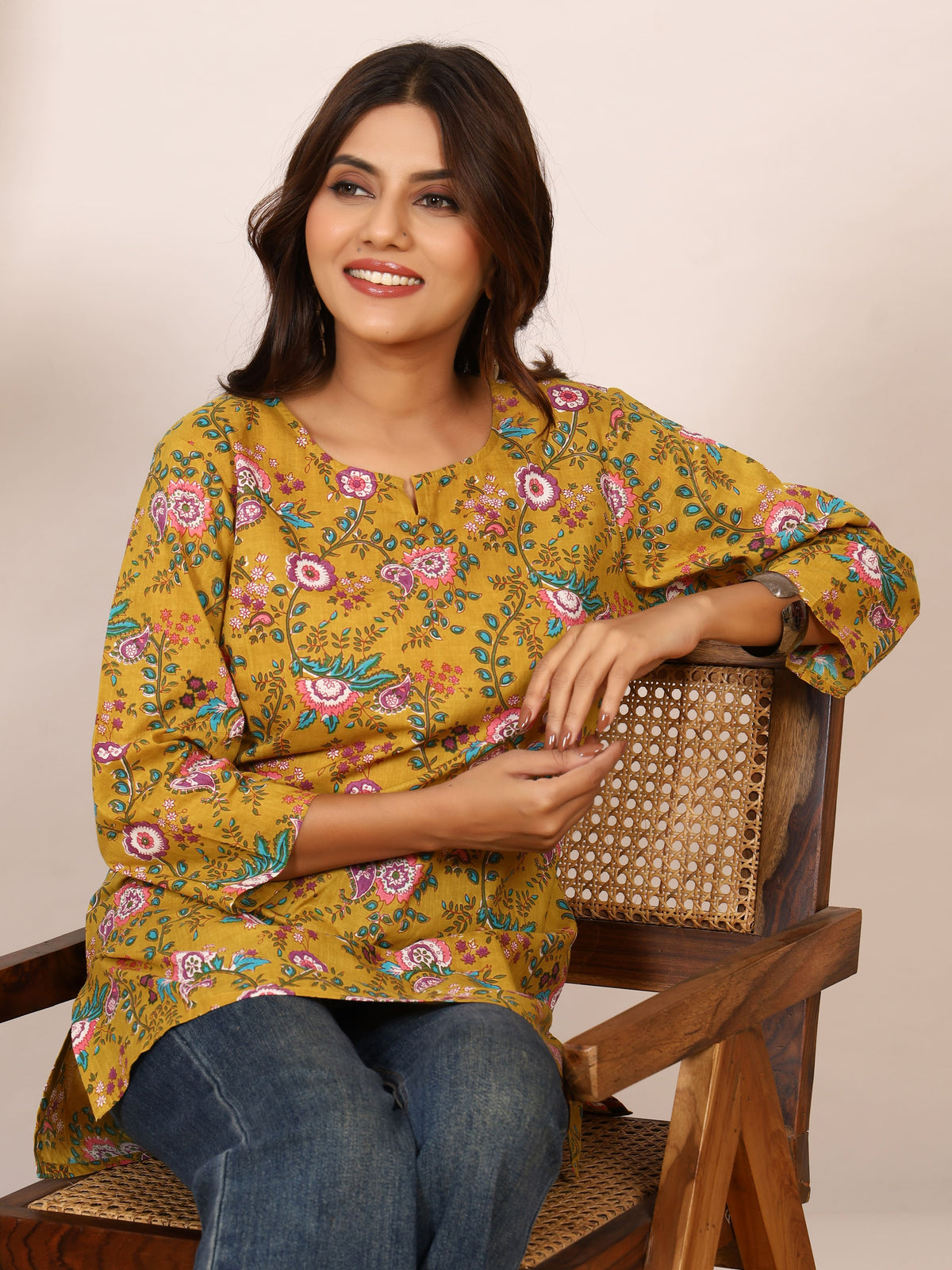 Mustard Yellow Floral Paisley Block Print Pure Cotton Top