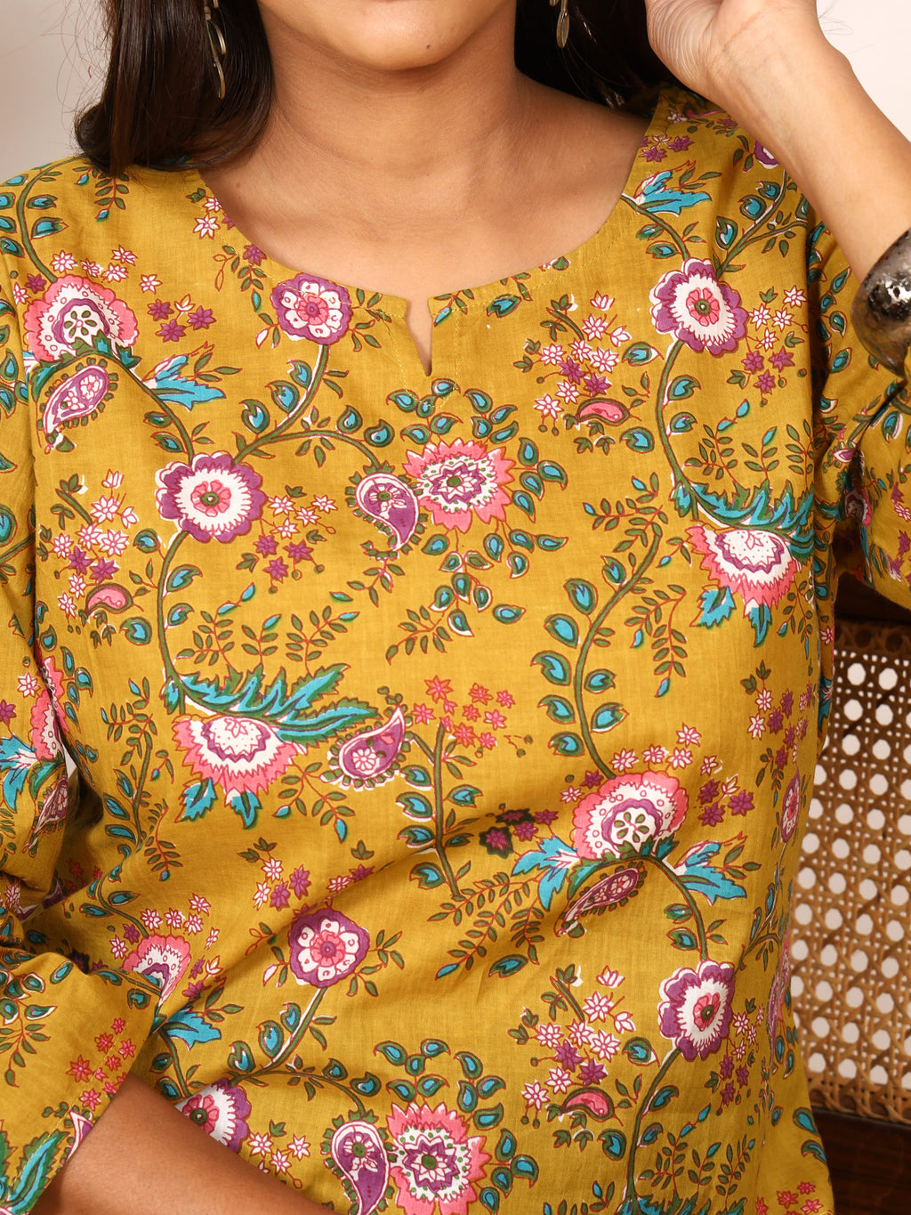 Mustard Yellow Floral Paisley Block Print Pure Cotton Top