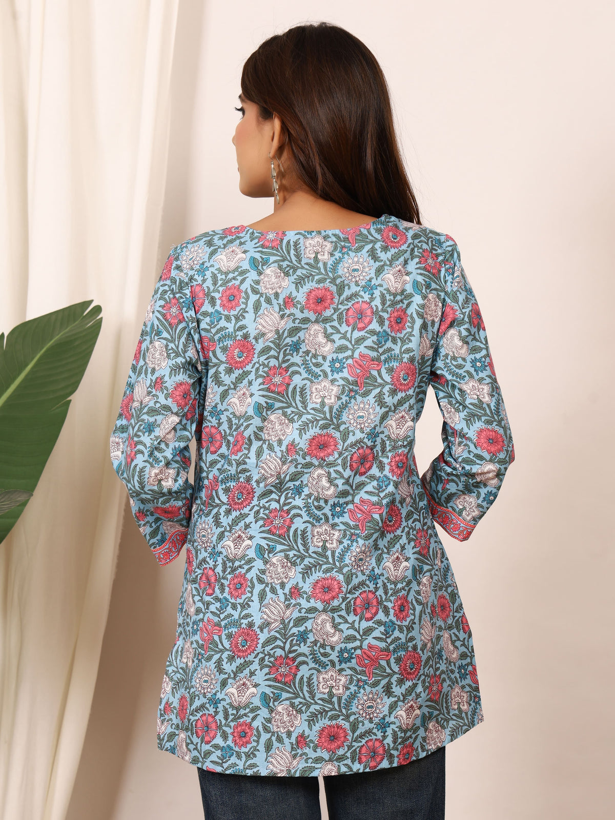 Sky Blue & Pink Floral Block Print Pure Cotton Top