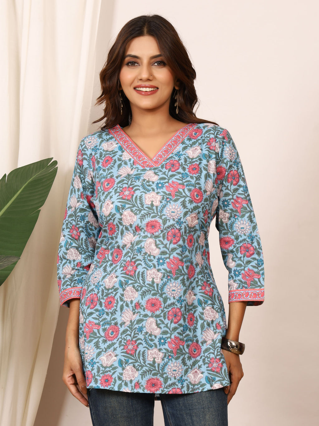 Sky Blue & Pink Floral Block Print Pure Cotton Top