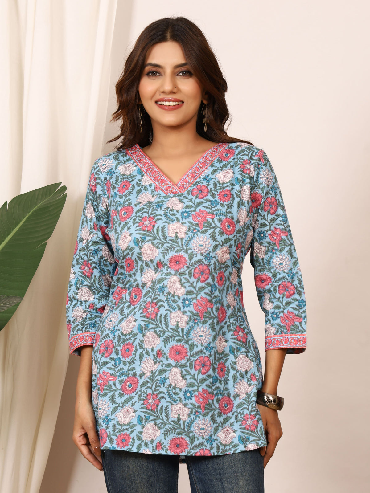 Sky Blue & Pink Floral Block Print Pure Cotton Top