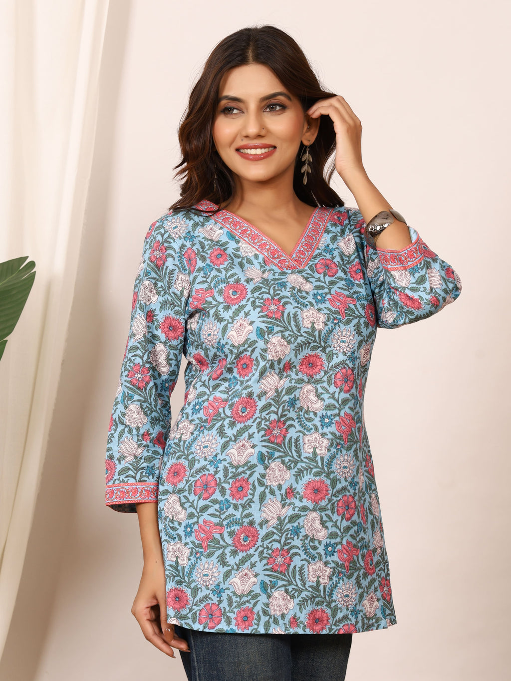 Sky Blue & Pink Floral Block Print Pure Cotton Top