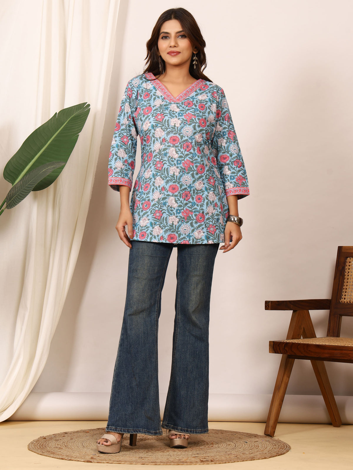 Sky Blue & Pink Floral Block Print Pure Cotton Top