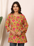Mustard Yellow & Red Floral Block Print Pure Cotton Top